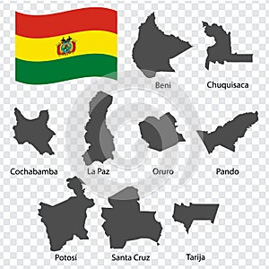 Nine Maps  Departments of Bolivia - alphabetical order with name. Every single map of Departments  are listed and isolated with wo