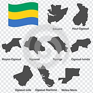 Nine Maps  of  Gabon - alphabetical order with name. Every single map of Provinces are listed and isolated with wordings and title photo