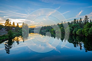 Nine mile reservoir on spokane river at sunset