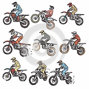 Nine motocross riders illustrated performing dirt bike stunts, wearing colorful racing gear