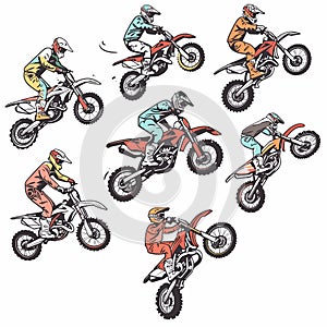 Nine motocross riders performing various stunts dirt bikes, rider wears full gear helmet