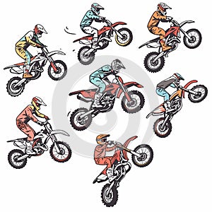 Nine motocross riders performing various stunts tricks dirt bikes, motocross rider wears full