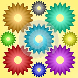 Nine multi-colored gears