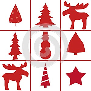 Nine nice simple christmas symbols in red in table