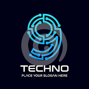 Nine or 9 number technology vector logo template