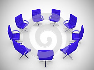 Nine office chairs in circle on white background