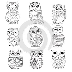 Nine owls design for coloring book, tattoo, shirt design and other decoration