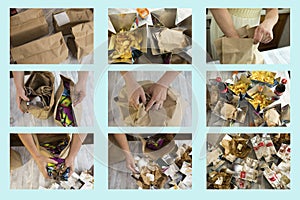 Nine photos about food delivery and packaging cleaning. Environmental problems during the cornavirus pandenmia associated with the
