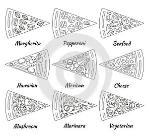 Nine pieces of hot delicious tasty pizza in line style