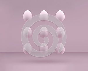 Nine pink plastic eggs levitate in pink studio 3d render of easter concept trendy