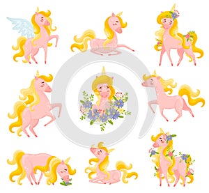 Nine Pink Unicorns In Different Positions Collected In Set Of Vector Illustration