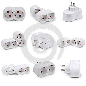 Nine plastic electrical double connector with two sockets on a white background