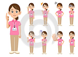 Nine poses and facial expressions of female staff wearing short-sleeved polo shirts and name tags 1