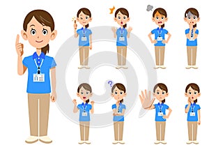 Nine poses and facial expressions of female staff wearing short-sleeved polo shirts and name tags 1