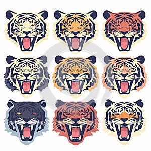 Nine roaring tiger faces, different colors, angry expressions. Graphic style tigers, aggressive