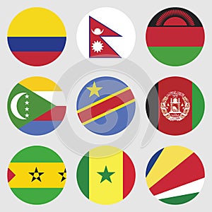 nine rounded country flags consisting of Afghanistan, Nepal, Malawi, and several other countries