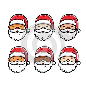 Nine Santa Claus faces diverse ethnicities cartoon cheerful holidays. Multicultural Santa Clauses