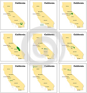 Nine small vector maps of Californias national parks