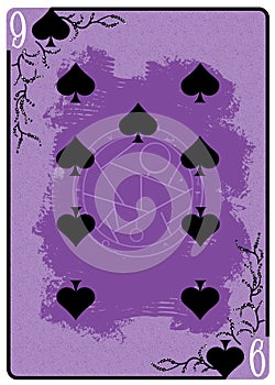 Nine of Spades playing card. Unique hand drawn pocker card. One of 52 cards in french card deck, English or Anglo-American pattern photo