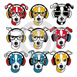 Nine stylized cartoon dogs wearing various headgear glasses, sunglasses, headphones, dog displays photo