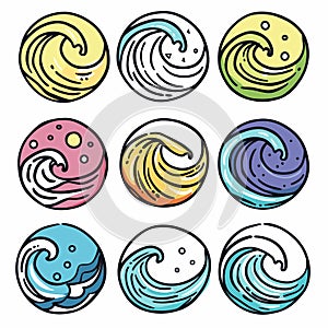 Nine stylized wave designs arranged three rows, featuring unique color schemes swirl patterns photo