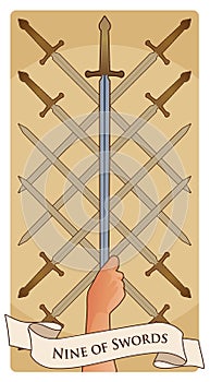 Nine of swords. Tarot cards. Eight crossed swords and a hand grasping a sword tip photo