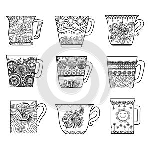 Nine tea cups line art design for coloring book for anti stress, menu design element or other decorations