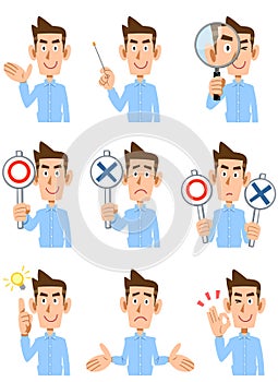 Nine types of gestures and facial expressions for the upper body of a man in a light blue shirt