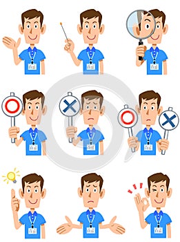 Nine types of upper body poses and facial expressions of male staff wearing short-sleeved polo shirts and name tags 2