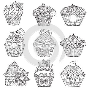 Nine zendoodle design of cupcakes isolated on white background design for both kids and adult coloring book page. Vector illustrat
