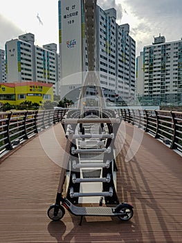 Ninebot by Segway ES2 Kickscooter park near the suspension bridge in Gohyeon-dong