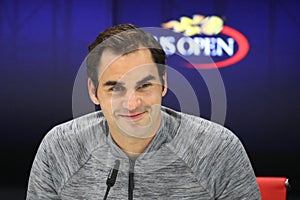 Nineteen times Grand Slam champion Roger Federer during press conference after loss at quarterfinal match at US Open 2017