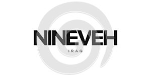 Nineveh in the Iraq emblem. The design features a geometric style, vector illustration with bold typography in a modern font. The photo