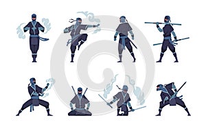 Ninja character. Fighting Japanese warrior with ancient weapon. Shinobi mascot standing in fight pose or meditating. Man