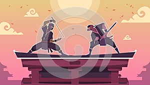 Ninja fight. Cartoon scene with ancient Japanese warriors in black kimono with swords. Shinobi duel. Assassins standing photo