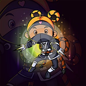 The ninja girl attack with the trident esport mascot logo design photo