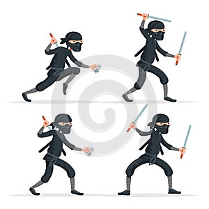 Ninja japanese secret assassin sword character set cartoon stealthy sneaking isolated on white vector illustration photo