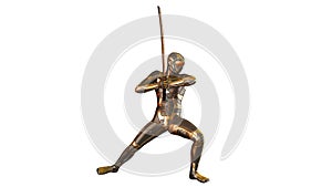 Ninja with katana sword wearing gold armor, warrior isolated on white