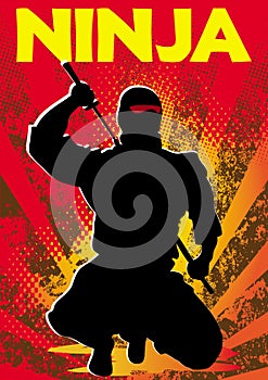 Ninja red poster, diplom. Martial arts. wrestling fighter logo silhouette scene poster art design. Vector. EPS