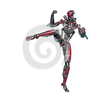 Ninja robot brutal kick in a white background photo