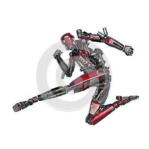 Ninja robot doing side kick in a white background photo