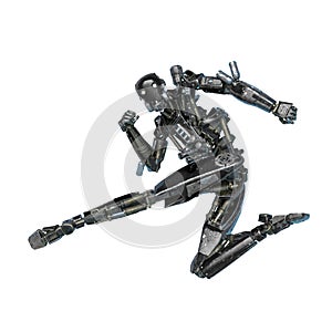 Ninja robot doing side kick in a white background photo