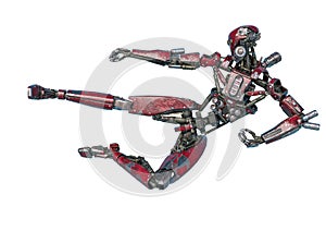 Ninja robot doing a super kick in a white background photo