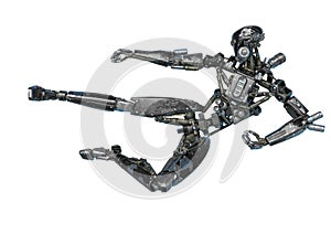 Ninja robot doing a super kick in a white background photo