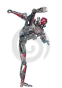 Ninja robot in round kick in a white background photo