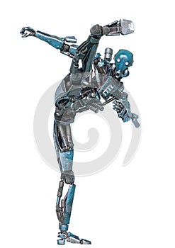 Ninja robot in round kick in a white background photo