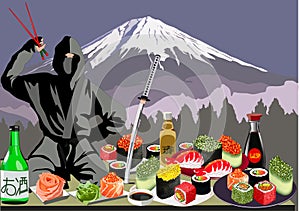 Ninja, sushi and Mount Fuji, vector illustration