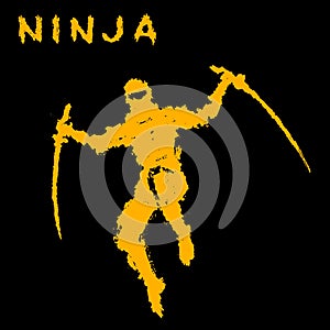 Ninja with sword attacks in a jump. Vector illustration.