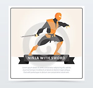 Ninja with sword, Japanese martial arts fighter banner cartoon vector element for website or mobile app