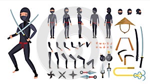 Ninja Vector. Animated Character Creation Set. Ninja Tools
